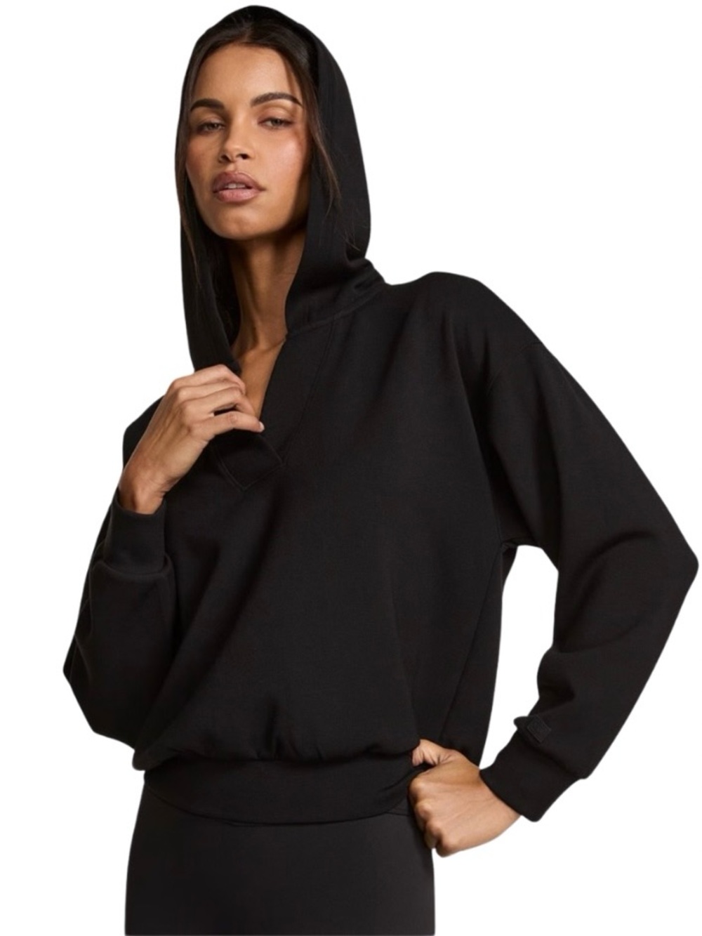Victoria's Secret M Pure Black VSX Featherweight Knit V Neck Hoodie